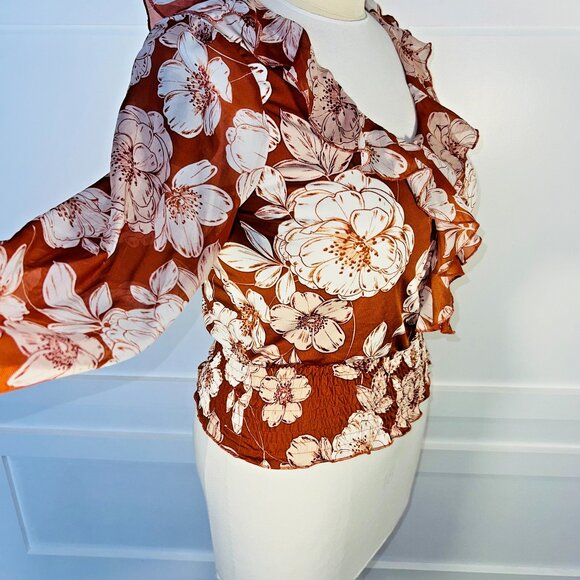 Perseption Concept - Peasant Blouse Women's L Smocked Waist Long Slve Big Floral - Picture 16 of 16